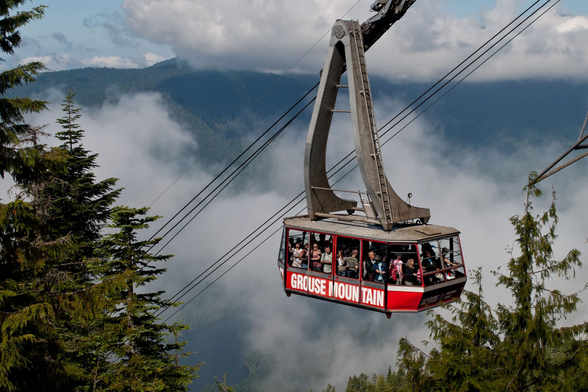 Grouse Mountain — city view from above, gondola, forested slopes