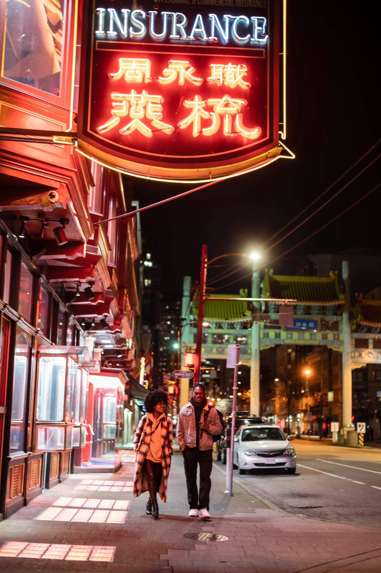 Chinatown — red lanterns, dynamic signage, dumpling steam